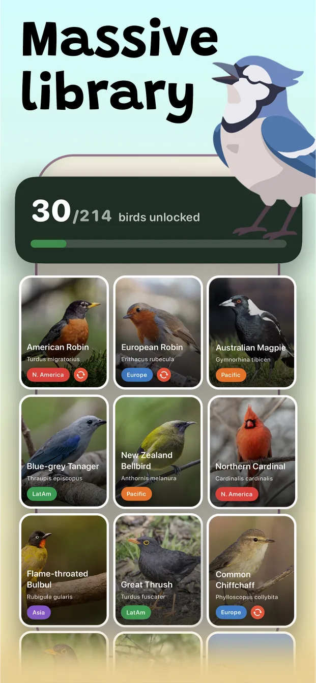 Syrinx library showing bird photos, names, regions, and 214 available species
